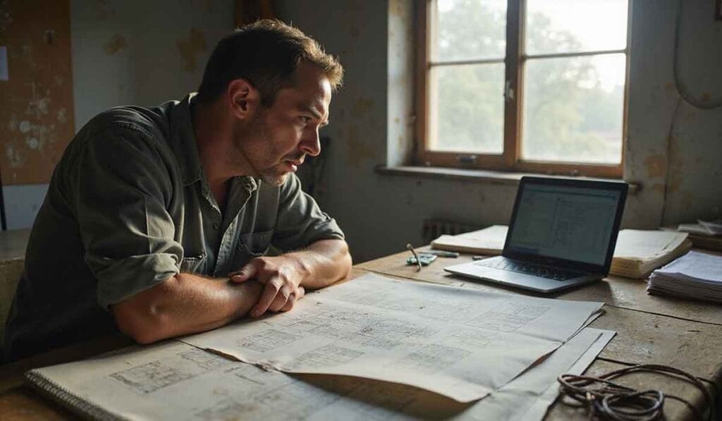 A man sits at a desk with architectural plans, looking at a laptop screen in a softly lit room with a window in the background.