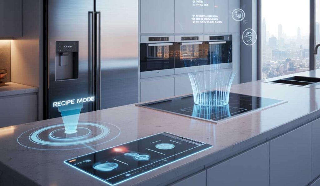 Modern kitchen with advanced digital interfaces and holographic displays integrated into the countertops and appliances, suggesting smart cooking and recipe features.