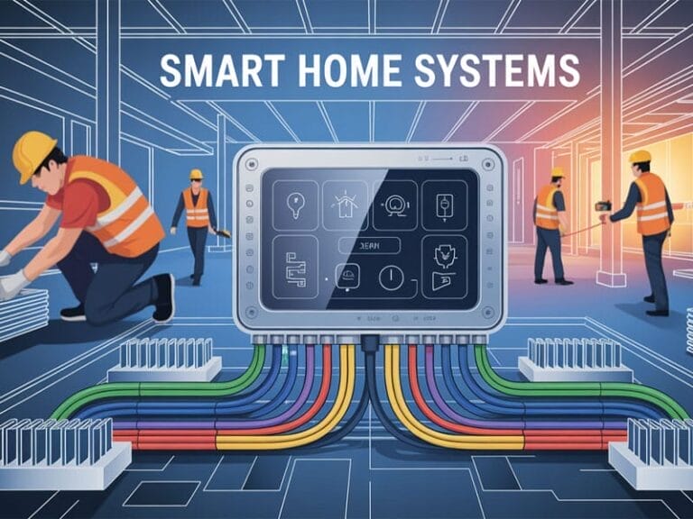 Large digital panel labeled "Smart Home Systems" with colorful cables connected, and workers installing wiring in a building under construction.