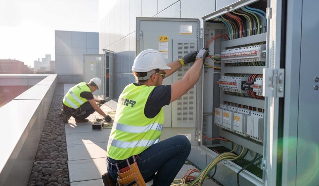 Two workers in safety gear inspect and maintain electrical panels on a rooftop under daylight.