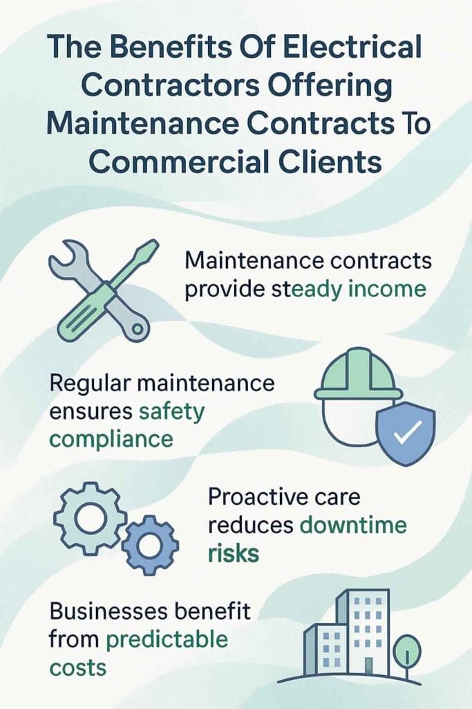 Infographic explaining that maintenance contracts provide income, safety compliance, downtime risk reduction, and predictable costs for electrical contractors serving commercial clients.