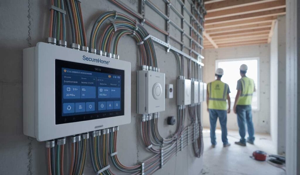 A home security control panel with exposed wiring is mounted on a wall in a building under construction, with two workers standing in the background.