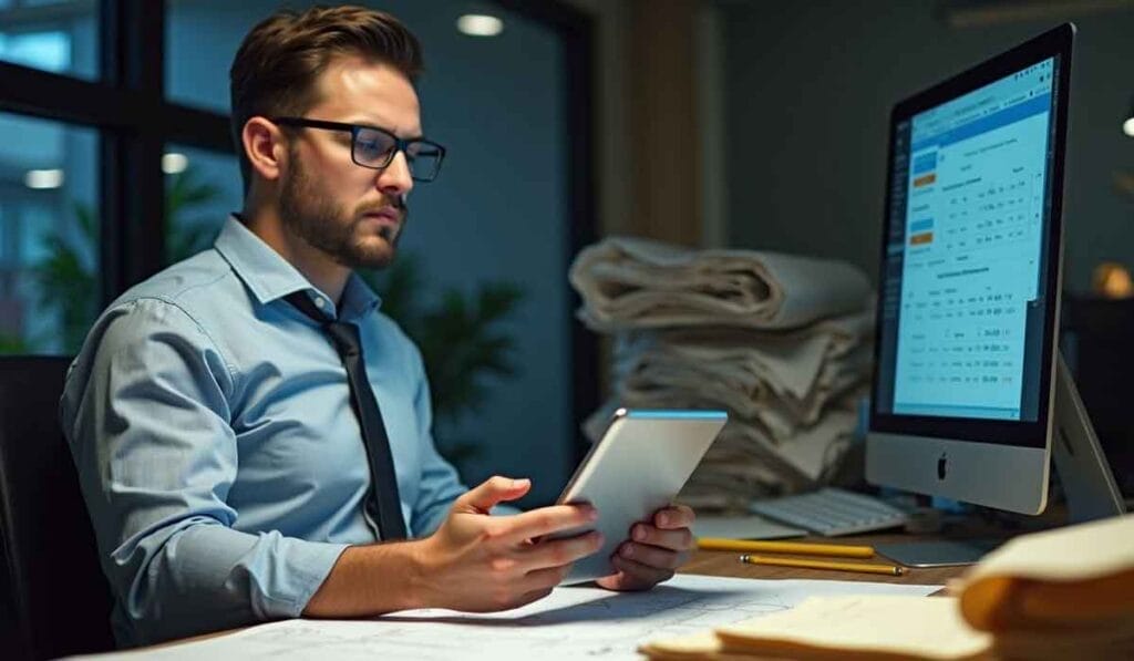 A man in a shirt and tie works at a desk with a computer, tablet, documents, and architectural blueprints in an office setting.