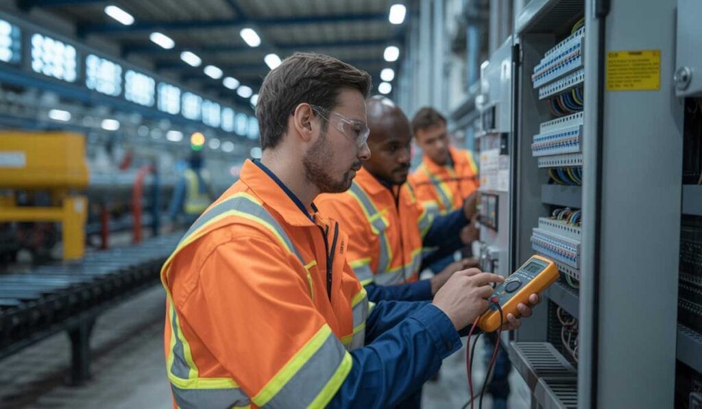Workers in orange safety vests and goggles use testing equipment on an electrical panel inside an industrial facility.
