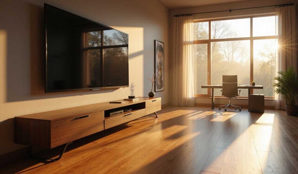 A modern living room with a large wall-mounted TV, wooden console, office desk near a big window, and sunlight streaming onto a wooden floor.