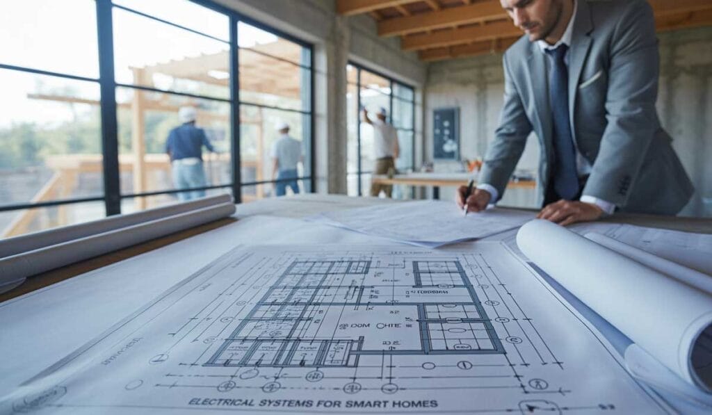 A man in a suit reviews architectural blueprints on a table in a modern construction office, with workers and unfinished structures visible through large windows.