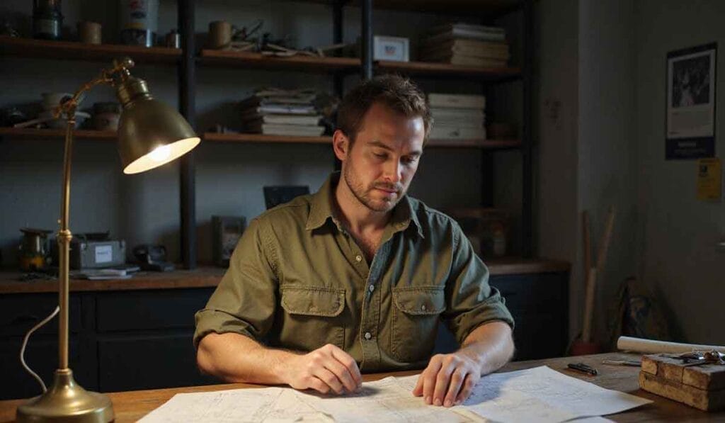 A man in a green shirt sits at a desk, examining papers under a desk lamp in a room with shelves filled with books and various objects.