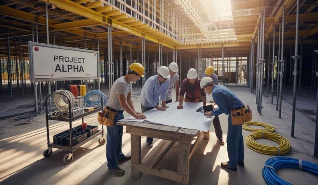 Five construction workers wearing hard hats review blueprints on a table at an active building site. A sign reads "Project Alpha" next to construction materials.