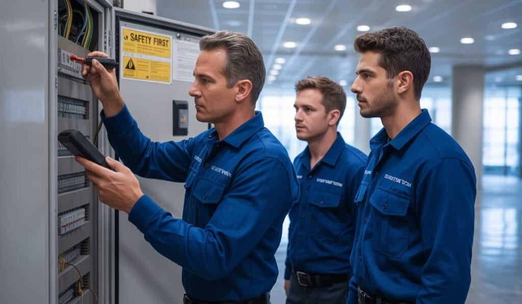 Three men in blue uniforms inspecting and testing electrical panel equipment in a commercial building.