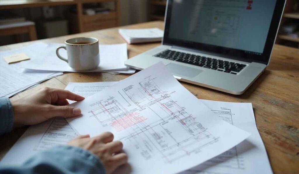 Person reviewing technical drawings at a wooden desk with a laptop, paperwork, and a cup of coffee.