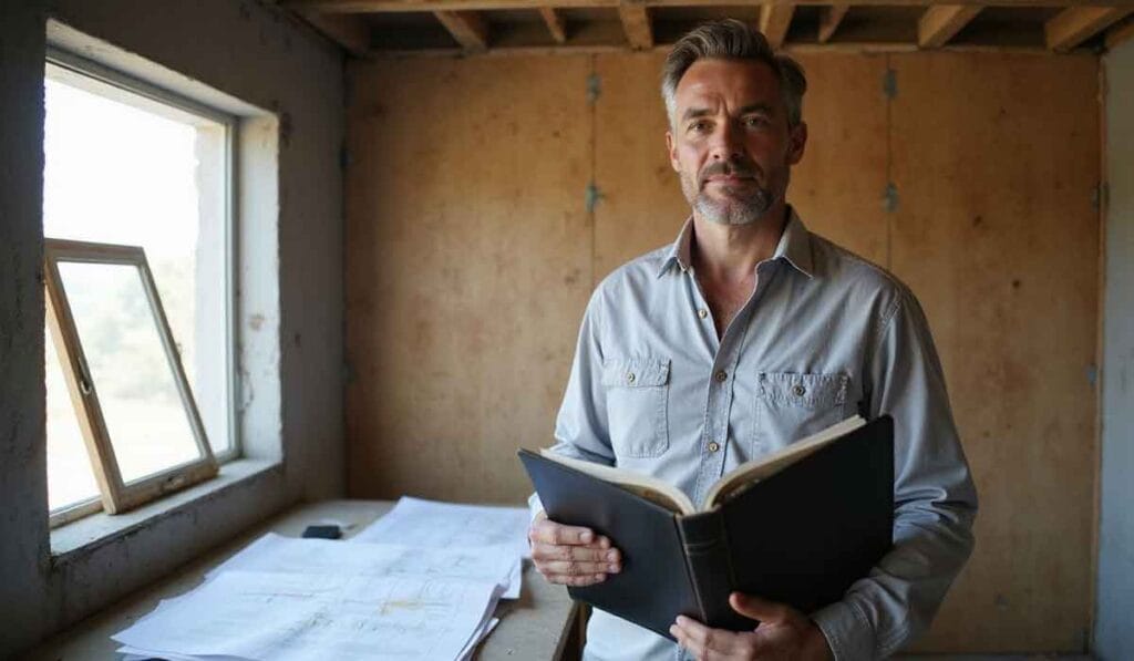 A man standing in a partially constructed room holds an open folder, with architectural plans laid out on a table beside him.