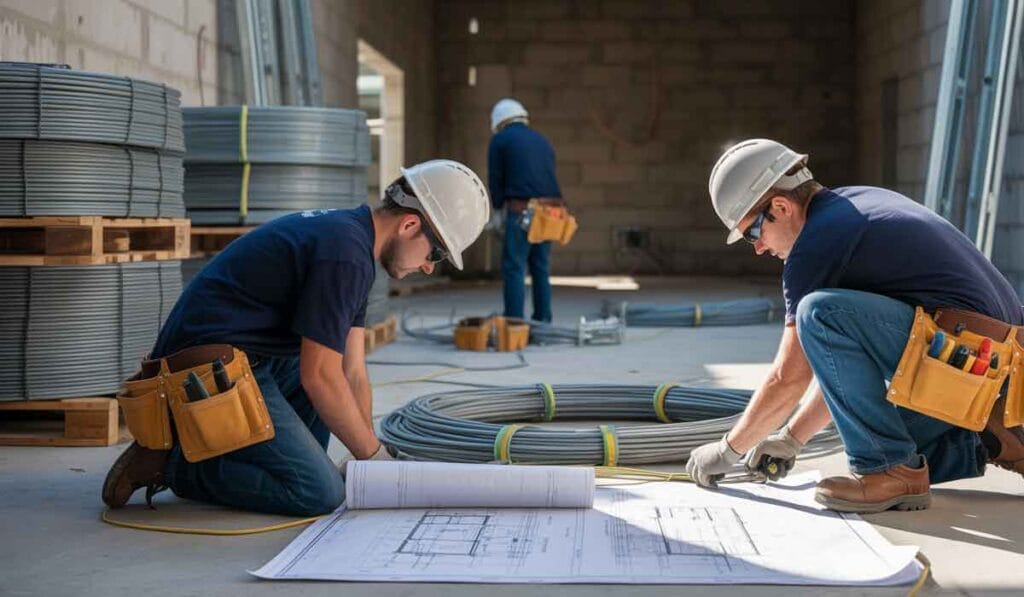 Two construction workers wearing hard hats and tool belts review blueprints on the floor at a building site, with coiled cables and materials in the background.