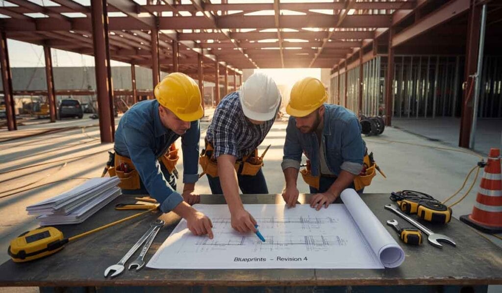 Three construction workers in hard hats examine blueprints on a table at a building site, surrounded by tools and steel framework.