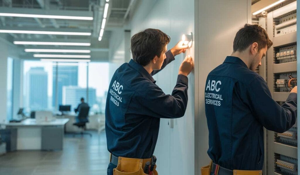 Two electricians in uniforms labeled "ABC Electrical Services" work on electrical systems in a modern office building.