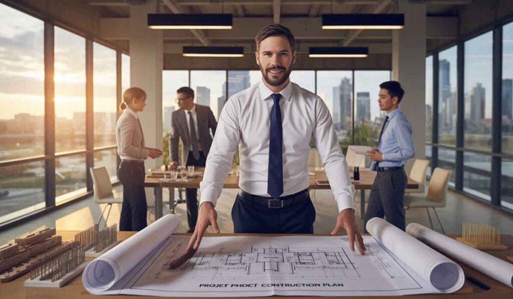 A man in business attire stands at a desk with construction blueprints in a modern office, while three colleagues discuss in the background with cityscape visible through large windows.