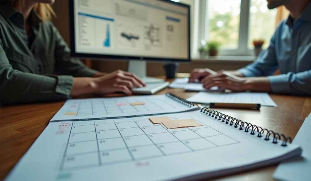 Two people work at a desk with a calendar, notebook, and computer displaying charts and graphs, suggesting scheduling or planning activities.