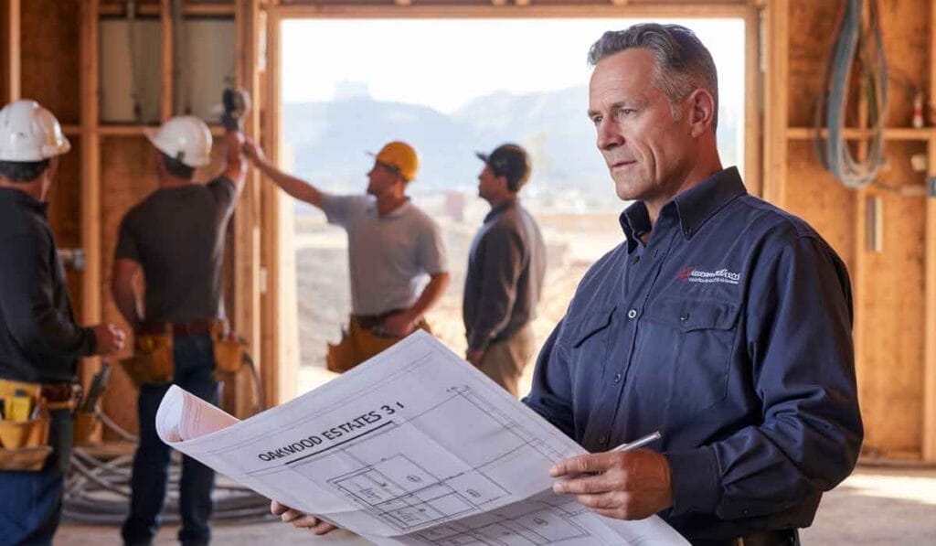A man in a blue shirt holds architectural plans inside a building under construction while four workers in hard hats work in the background.