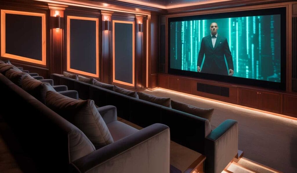 Home theater room with tiered seating, dim lighting, and a large screen displaying a man in a suit against a digital backdrop.