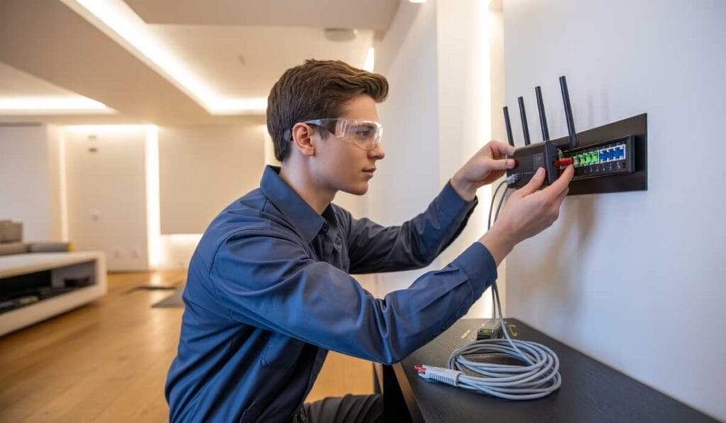 A person wearing safety glasses installs network cables into a wall-mounted router or switch in a modern room.