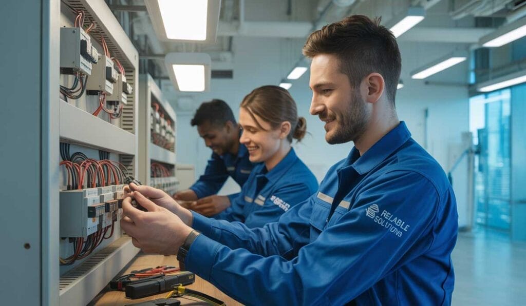 Three technicians in blue uniforms work on wiring in an electrical control panel inside a modern facility.