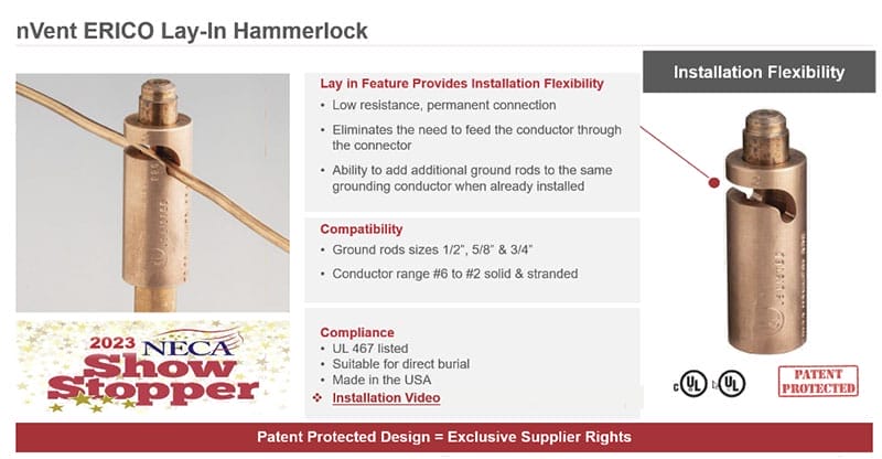Copper nVent ERICO Lay-In Hammerlock ground connector shown with wire inserted, highlighting installation flexibility, compatibility, and compliance details.