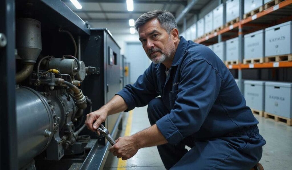 A man in blue coveralls uses a wrench to work on industrial machinery inside a warehouse with storage boxes on shelves in the background.