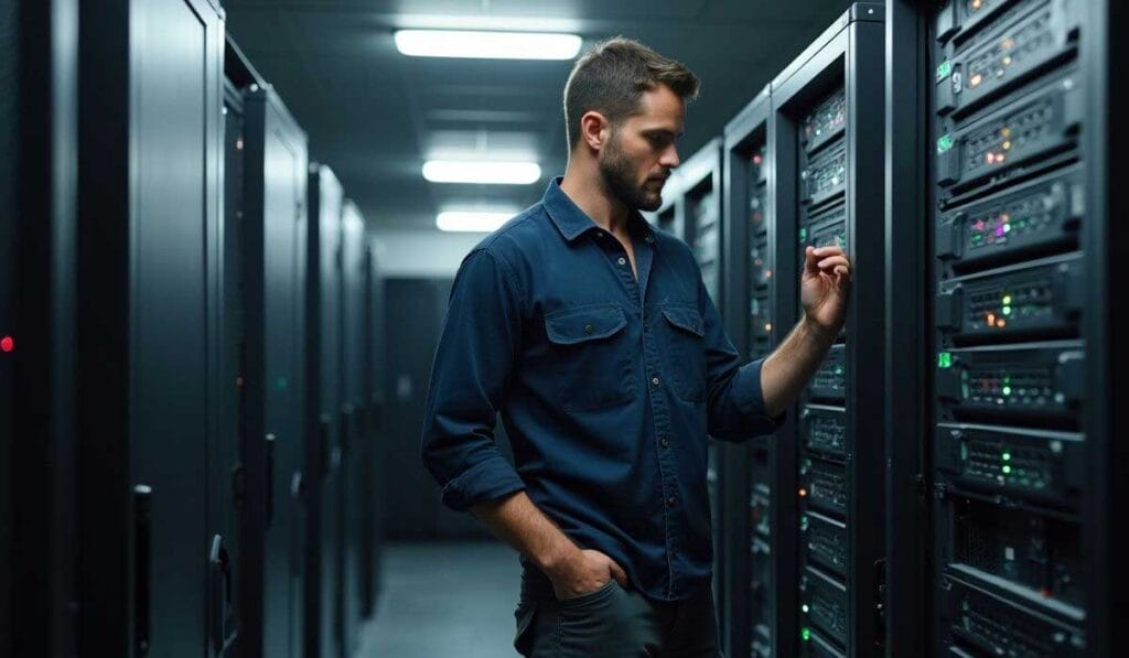 A man in a blue shirt inspects server racks in a data center, surrounded by rows of computer equipment with illuminated indicator lights.