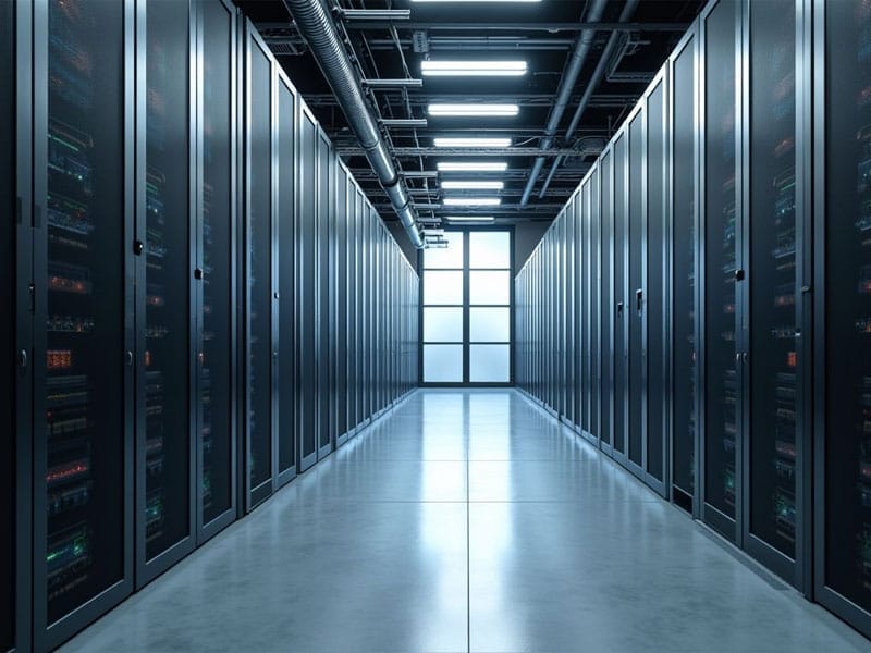 A modern data center corridor with rows of black server racks on both sides and bright overhead lighting.