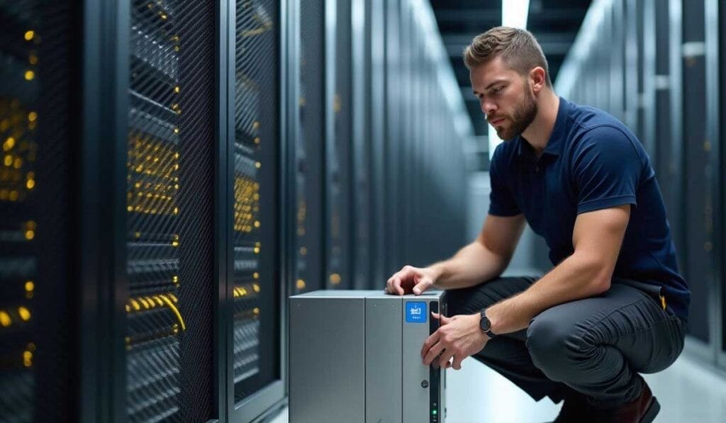 A man is kneeling and working on a small server or computer unit in a data center aisle surrounded by server racks.