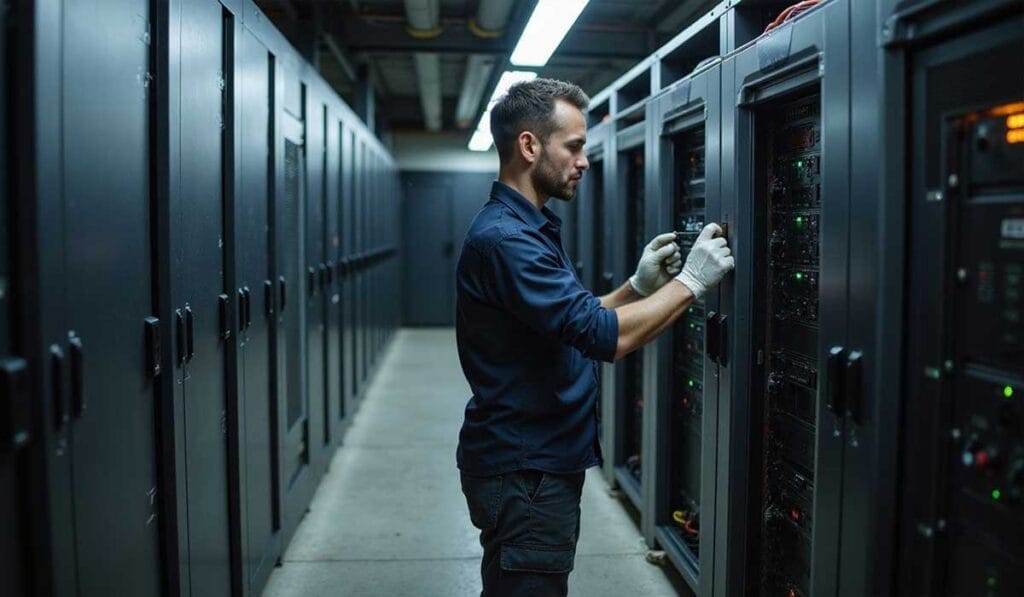 A technician wearing gloves works on a server rack in a data center, surrounded by rows of black server cabinets.