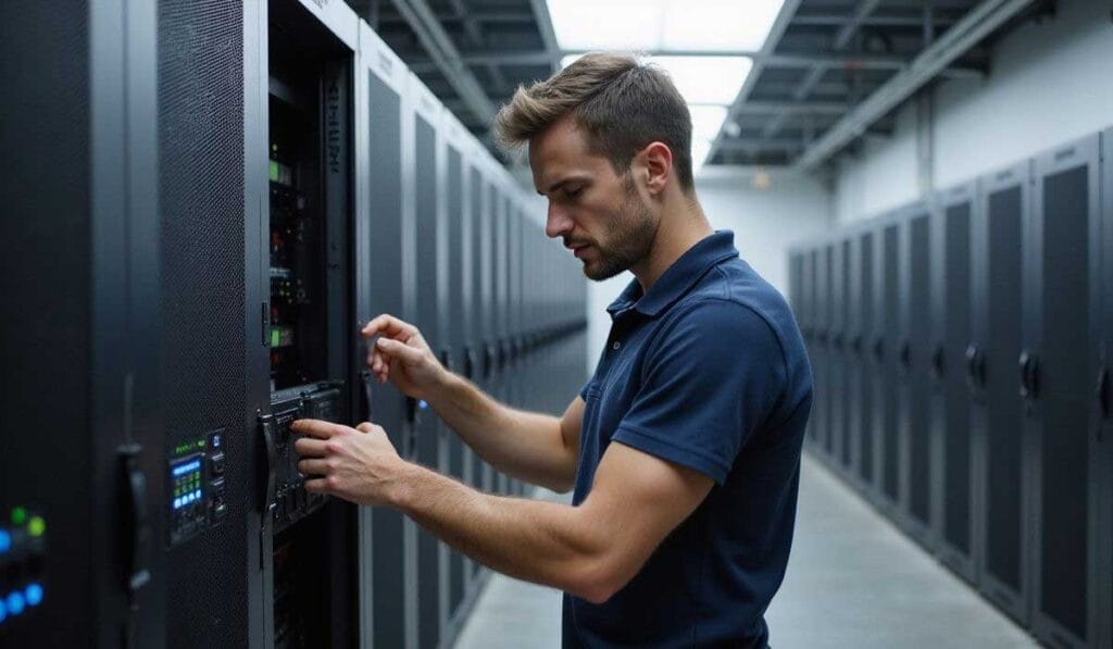 A man in a blue polo shirt works on a server rack in a data center lined with rows of server cabinets.