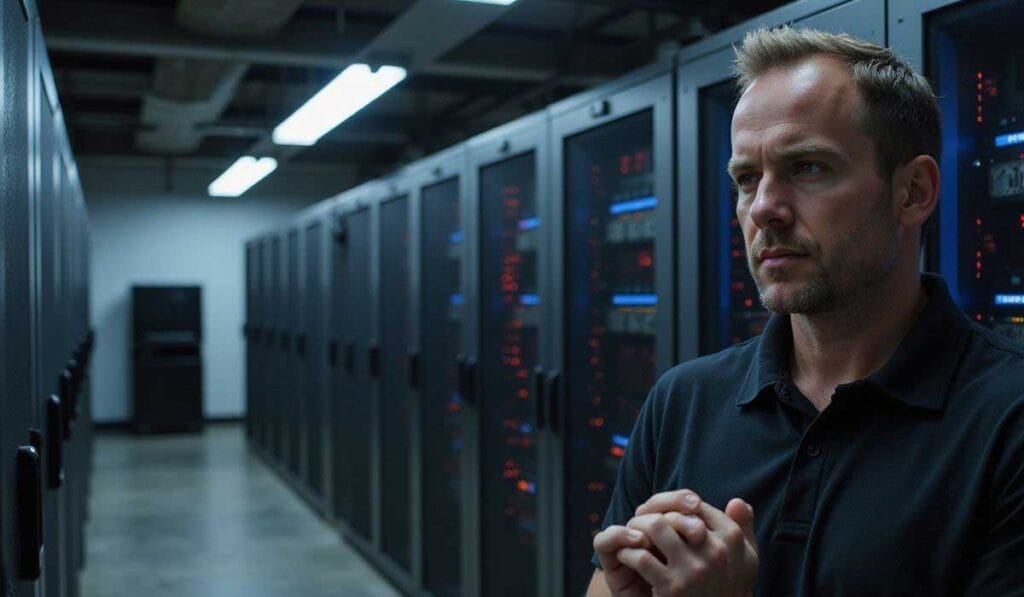 A man stands with clasped hands in a server room, surrounded by rows of server racks with indicator lights.