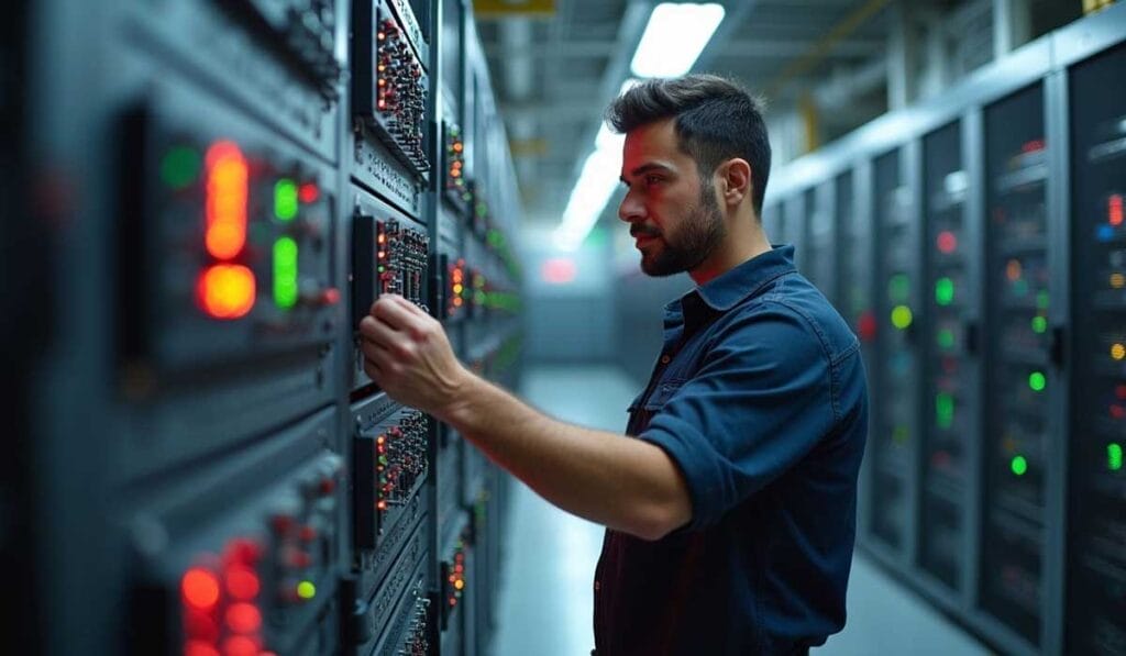 A man in a blue shirt works on a server rack in a data center filled with various illuminated control panels and electronic equipment.