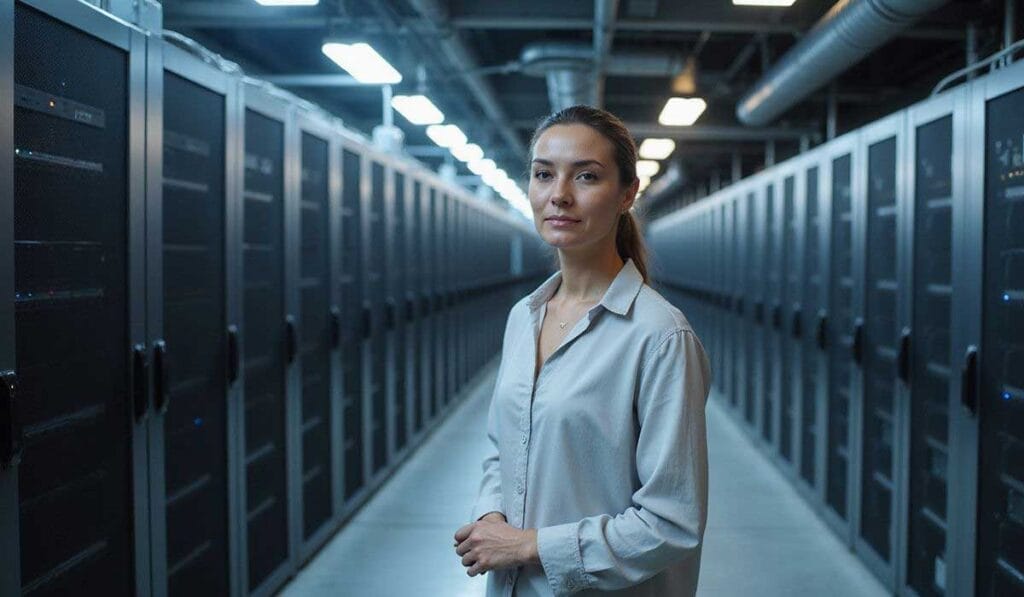 A woman stands in the aisle of a modern server room, surrounded by rows of server racks and overhead lighting.