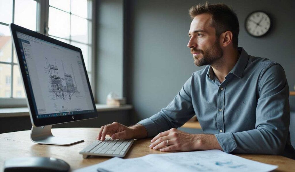 A man sits at a desk, working on architectural designs displayed on a computer monitor, with papers and a clock in the background.