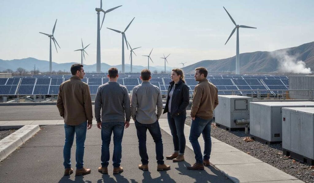 Five people stand outdoors looking at wind turbines and solar panels, with mountains and industrial equipment visible in the background.