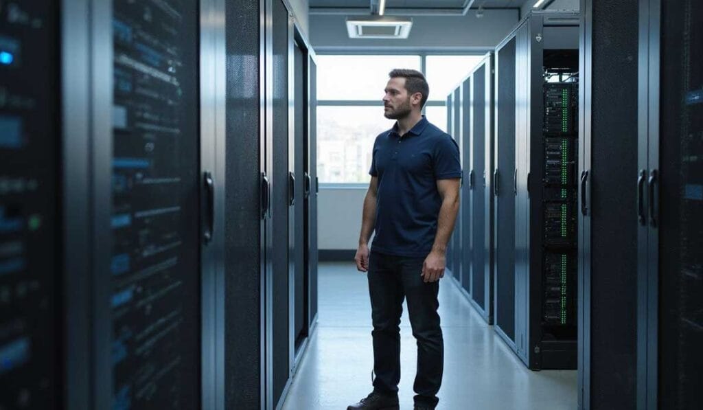 A man stands in a data center hallway between server racks, looking at the equipment. Natural light enters through a window in the background.