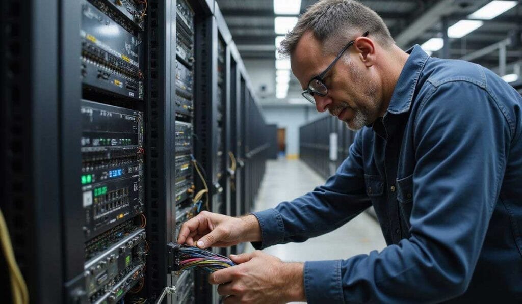 A man connects colored cables to server racks in a data center, surrounded by network equipment and electronic hardware.
