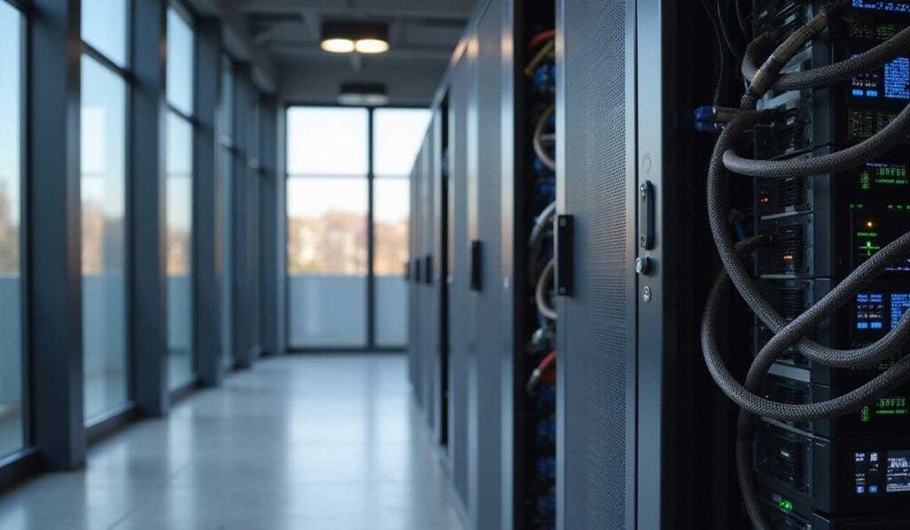 Rows of server racks with cables and electronic components in a bright, modern data center next to large windows.