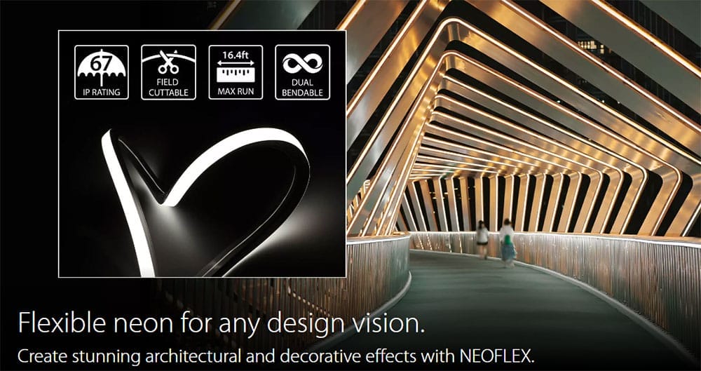 A heart-shaped flexible neon light is shown beside a modern illuminated walkway, highlighting NEOFLEX lighting for architectural and decorative use.
