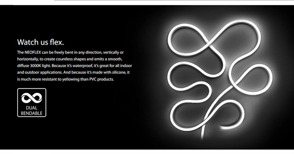 A flexible, glowing white LED strip forms looping shapes on a dark background; text describes its waterproof, bendable, and yellowing-resistant features.