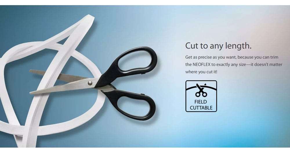 A pair of scissors cutting a white strip, with text explaining that the material can be cut to any length and a "field cuttable" icon.