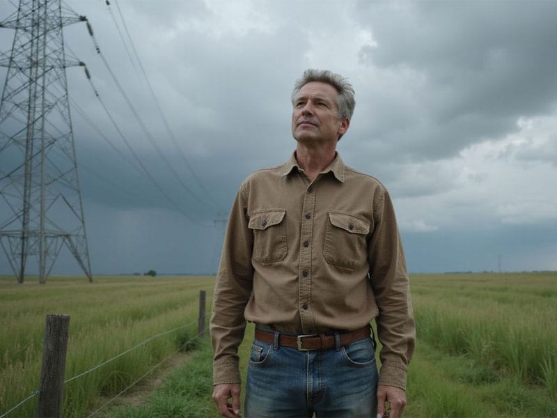 A man in a brown shirt stands in a grassy field near power lines, looking up at the cloudy sky.
