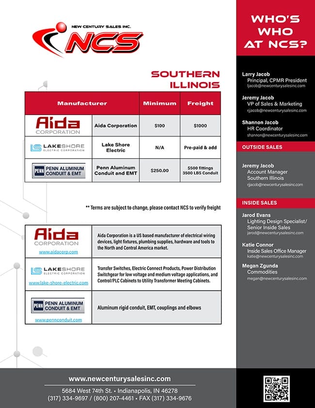 NCS Southern Illinois flyer listing manufacturers, product minimums and freight info, staff contacts, company descriptions, and office address.
