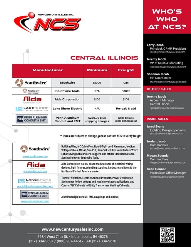 Informational flyer listing New Century Sales contacts, manufacturers, freight terms, and branch office details for Central Illinois, with company branding and contact information.