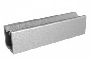 A rectangular, metallic, hollow channel with one open and one closed end, featuring a textured surface.