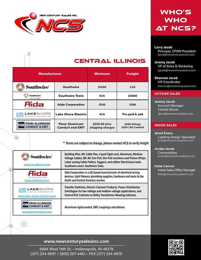 NCS Central Illinois flyer listing manufacturers, pricing, and contacts, with company logo, contact info, and staff directory on the right.