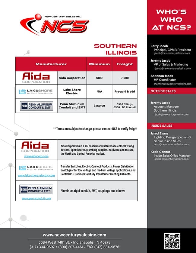 Sales flyer listing manufacturers Aida Corporation, Lakeshore Electric, and Penn Aluminum, with product minimums, freight, and staff contact information for New Century Sales, Southern Illinois.