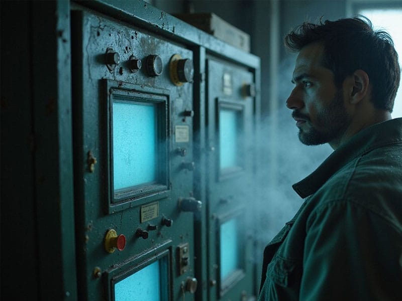 A man stands in front of vintage control panels with glowing blue screens, appearing to observe or monitor the equipment in a dimly lit room.