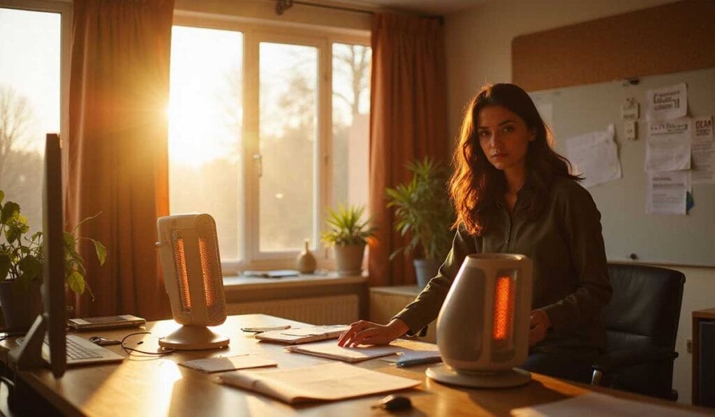 A woman sits at a desk with paperwork, two electric heaters, and sunlight streaming through a window in a home office.